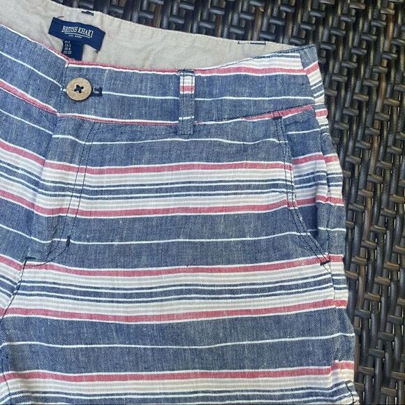 BRITISH KHAKI RED WHITE BLUE STRIPED LINEN SHORTS SIZE 2 - Picture 2 of 9